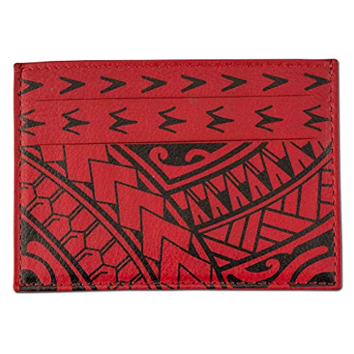 Polynesian Tattoo Leather Credit Card Holder Super Slim Wallet "Hiku" with Tribal Tattoo art by Eugene Ta¡¯ase (Red) from NAKOA