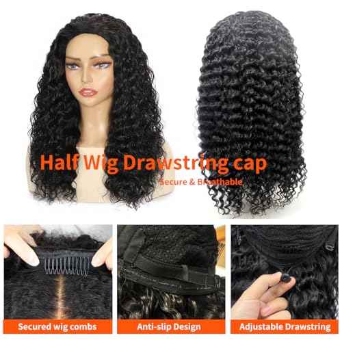 XSY Half Wig Human Hair Deep Wave 20 Inch Curly Half Wig 3 In 1 Drawstring Seamless Flip Over Glueless Wear Go Half Wigs for Black Women Beginner Friendly 180% Density Natural Black