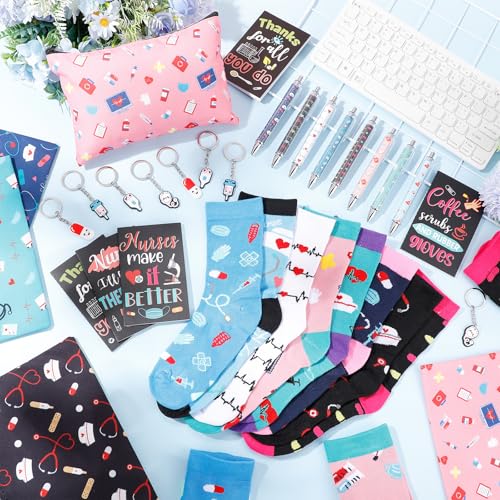 Fulmoon 40 Pcs Nurse Appreciation Gifts Thank You Gifts Bulk Novelty Socks Makeup Bags Keychains Notebooks Ballpoints(Colorful, Nurse)