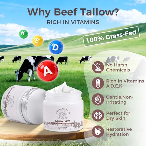 Beef Tallow for Skin - 100% Grass Fed Whipped Beef Tallow Moisturizer Cream, Face & Body Balm with Organic Jojoba Oil & Vitamin E, Natural Skin Care for Mature, Dry, Sensitive Skin (2.0oz)