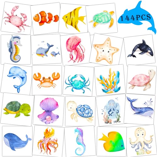 144 PCS Ocean Sea Animal Temporary Tattoos Fish Shark Turtle Tattoos Under The Sea Creature Birthday Party Favors for Ocean Animals Baby Shower Decorations Ocean Themed Birthday Party Supplies