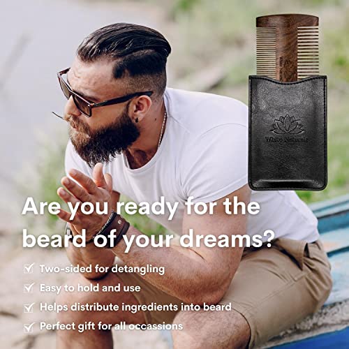 White Naturals Beard Comb for Men, Wooden Natural Sandalwood, Fine Dual Action Teeth, Handmade Premium Sandal Wood, Perfect for Balms and Oils, Includes PU Leather Case, Pocket Size