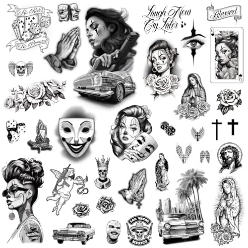 Los Vatos Chicano Vol. II - Cholo Chola Temporary Tattoos For Men Women, Payasa, Lowrider, Virgin Mary, Prayer, Cross, Chicana, Gangster, Fake Tattoo, D?a de Muertos, Tatuajes Temporales