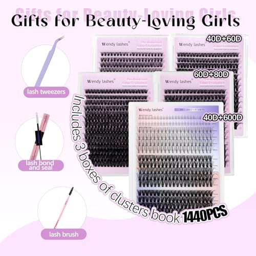 WENDY LASHES Clusters Kit With Bottom Lashes 40D+40D+50D+60D+60D+80D 1440Pcs Wispy Eyelash Clusters 10-18mm Natural DIY Lash Extension Kit D Curl for Beginners