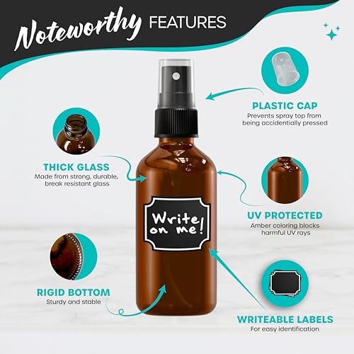 Nevlers Amber Glass Spray Bottles 4 Oz 24 Pack | Small Spray Bottle 4 Oz Set w/Shrink Wrap, Funnel, Labels, Brush & Marker | Spritzer Bottles for Hair, Face & More | Glass Bottle Sprayer for Travel