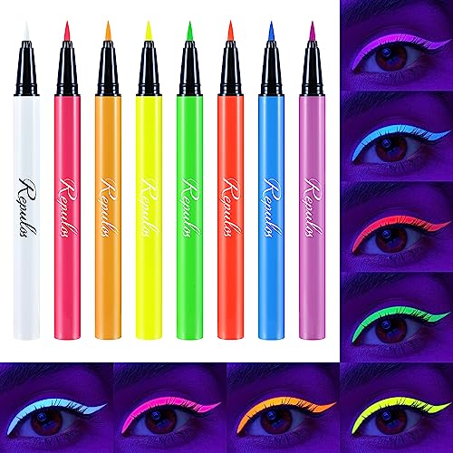 8 Colors Neon Liquid Eyeliner Set, Rainbow UV Glow Neon Makeup Graphic Eyeliners, High Pigmented, Waterproof Smudge-Proof and Long-Lasting Matte Colored Eye Makeup Gift Kit
