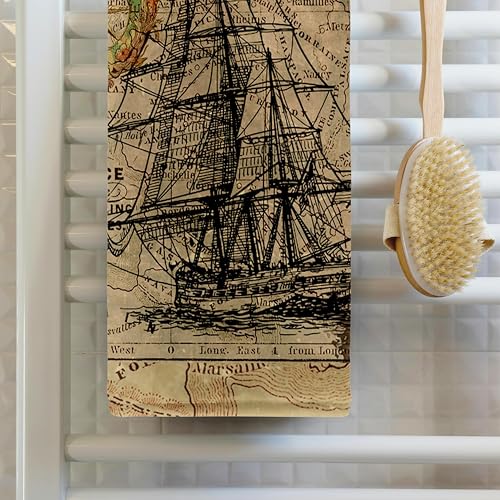 3D Rose TWL_243834_1 "Image of Black Ghost Ship On Vintage European Map Towel, 15" x 22"
