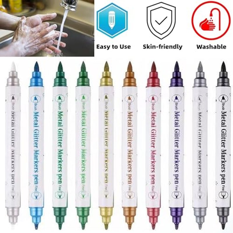 Temporary Tattoo Markers for Skin, 10 Body Markers Make Bold and Fine Lines, Cosmetic Quality + Tattoo Stencils for Kids and Adults, Dual-End Tattoo Pens for Body & Face Art, Halloween Makeup Kit