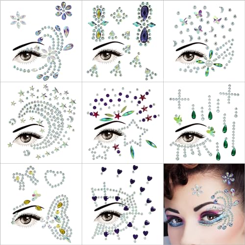 8 Sheets Face Gems Mermaid Body Jewels Rhinestones Crystal Stickers Jewelry Tattoos Decorations Parties Festivals Rave Outfits Accessories