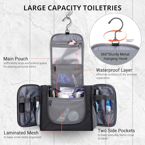 WITZMAN Toiletry Bag for Men Women Large Hanging Multi-organization Bathroom Bag Water-resistant Dopp Kit Shaving Bag Men(B690 Black)