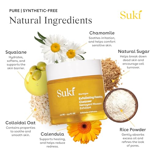 Suki Skincare Exfoliate Foaming Cleanser - With Natural Sugar & Colloidal Oat - Facial Exfoliator & Mechanical Exfoliant that Reduces Dry Skin Buildup While Promoting Radiant, Smooth, Soft Skin - 4 oz