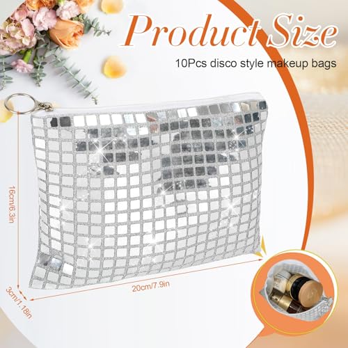 10 Pcs Disco Cosmetic Bags for Women 7.8 x 6.6 Inch Disco Makeup Bags Bachelorette Party Favors Bag Silver Sequins Makeup Bag Purse with Zipper for Bridal New Years Eve 70s 80s 90s Party Decorations