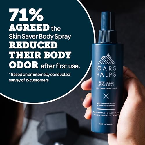 Oars + Alps Skin Saver Body Spray with Hypochlorous Acid, Eliminates Odors, Freshens & Soothes Irritation & Redness, Use After Workouts, Traveling & Post Shave, Safe & Clean Ingredients, 6.8oz