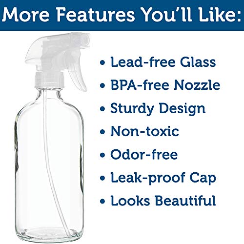 Sally's Organics¢ç Empty Clear Glass Spray Bottles - Refillable 16 oz Containers for Essential Oils, Cleaning Products, Aromatherapy, Misting Plants, or Cooking - Sprayer with Mist and Stream - 2 Pack