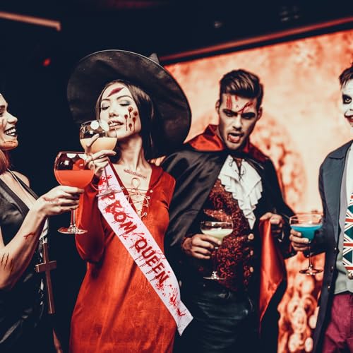 HOWAF 1pcs Halloween Zombie Prom Queen Sash with 10 Sheets Halloween Bloody Temporary Tattoos, Bloody Splattered Prom Queen Sash Fake Scar Body Tattoos for Hallows' Eve Party Zombie Costume Cosplay