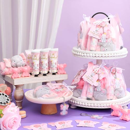 168 Pcs Pink Elephant Baby Shower Favors Baby Shower Gifts Bulk Hand Cream Towels Soaps Keychains Organza Bags Guest Appreciation Gift with Thank You Tags and Cards for Boys Girls Guest