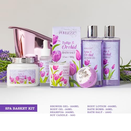 Spa Gift Basket, Mother's Day Gift for Mom - 8 Pcs Tulip scents Bath & Body Gift Set for Women, Spa Gift Kit, Birthday Gifts, Self Care, Pampering Gifts for Her, All Occasion Holiday Present