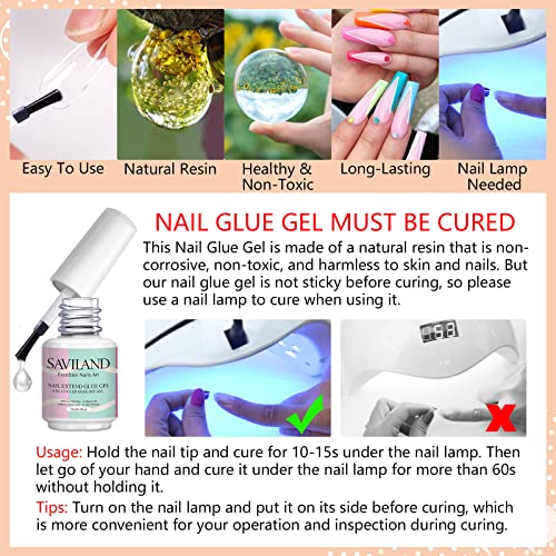 SAVILAND All in One Nail Tips and Glue Gel Kit - 240Pcs T-Shape Matte Nail Tips, 4-in-1 Nail Glue Foundation Base with Nail Gel Primer, Nail Prep Dehydrator, 16w U V Lamp, Gifts for Women