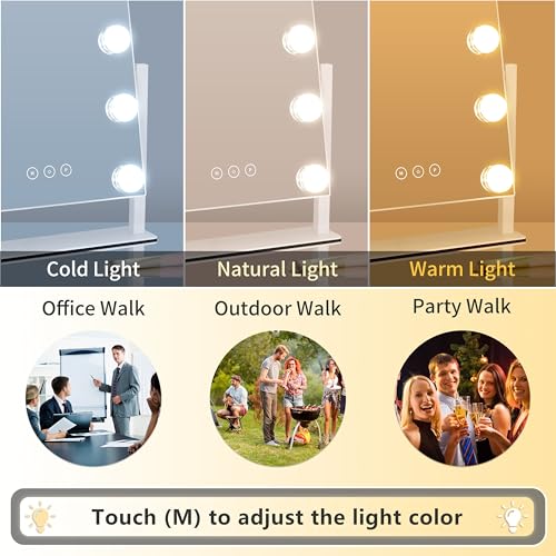 Vanity Mirror with Lights,Lighted Vanity Mirror with 9 Dimmable Bulbs for Dressing Room & Bedroom,3 Color Lighting,Modes Detachable 10x Magnification 360¡ÆRatation(White) 12" L x 14.4" W
