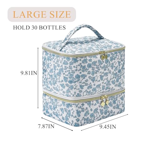 Upgraded Nail Polish Organizer Case - Holds 30 Bottles and 1 Nail Light, Double-layer Nail bag Organzier Case Nail Polish Storage Bag with Handles (Blue-Flower)