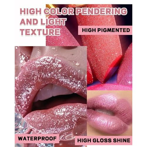 Metallic Nude Pink Glitter Lipstick Long Lasting,Glitter Lipstick Diamond Shimmer Lip Gloss for Women,Transfer Proof Non-Stick Lipgloss Highly Pigmented Full Coverage Red Lip Color Makeup Gift-02