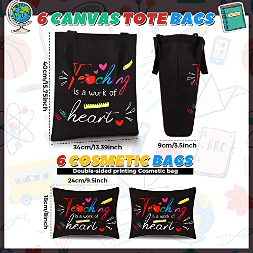 Kacctyen 12 Pcs Teacher Graduation Appreciation Gifts 6 Canvas Totes Bag 6 Makeup Pouch Cosmetic Bags Teacher Gifts(Teaching is a Work of Heart)