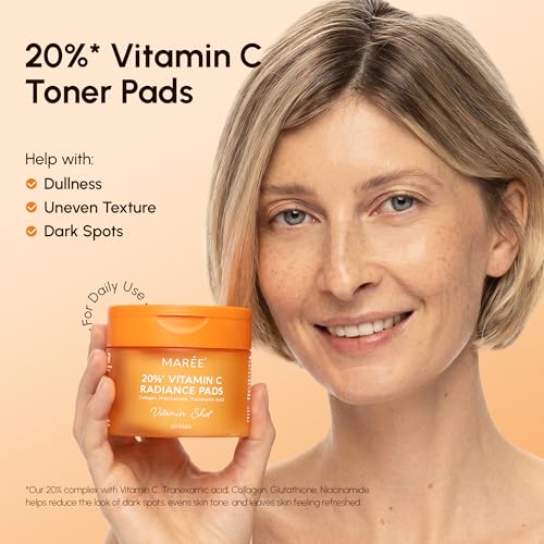 MAREE Vitamin C Toner Pads for Face ? Brightening Facial Polishes with 20% Complex: Vitamin C Collagen Niacinamide TXA ? Facial Radiance, Uneven Skin Tone, Acne Clearing Pads ? Glow Up Skincare Device