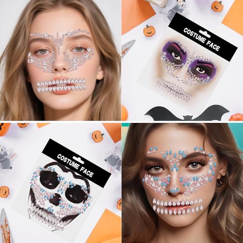 Erythem Skull Face Gems 6 Pack Day of the Dead Face Jewels Crystals Skeleton Face Gems for Halloween Festival Rave Party Makeup