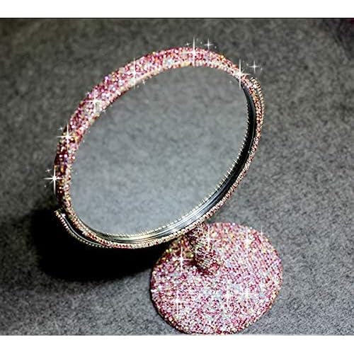 Bling Rhinestone Portable Magnified Double Sided Swivel Makeup Vanity Mirror, 360¡ÆRotate Makeup Mirror Round Shaped Two-Sided Makeup Mirror (Pink)