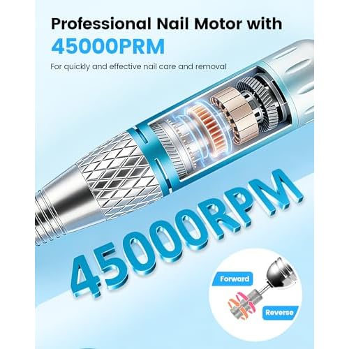 Nail Filer Electric Nail Drill Professional, Kisufu 45000 RPM Rechargeable Efile Nail Drill Kit with Smart Led, 3600mAh, Portable Nail Grinder for Salon Home Use, Women's Day Gifts (Blue).