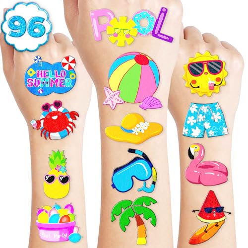 100 PCS Summer Pool Temporary Tattoos Birthday Party Decorations Favors Supplies Beach Balls Floats Swimming Pool Funny Items Decor Stickers For Girls Boys Gift School Prizes Rewards
