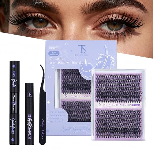Lash Clusters Kit DIY Eyelash Extension Kit with Bond and Seal 280Pcs Wispy Fluffy Individual Lashes Natural Look D Curl Cluster Lashes 9-16mm Mix Length Reusable False Eyelashes for Beginners