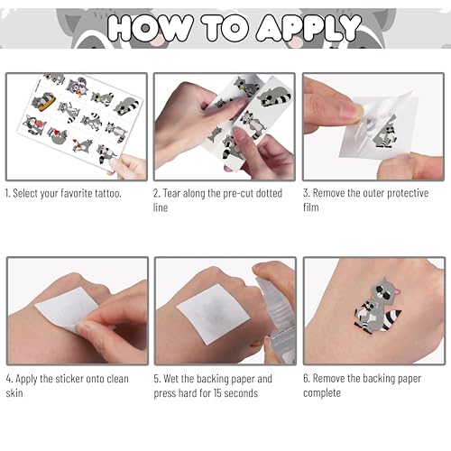 96PCS Cute Funny Raccoon Pre-Cut Temporary Tattoos Themed Birthday Party Decorations Supplies Favors Decor Woodland Wildlife Animals Tattoo Stickers Gifts For Kids Adults Boys Girls School Carnival