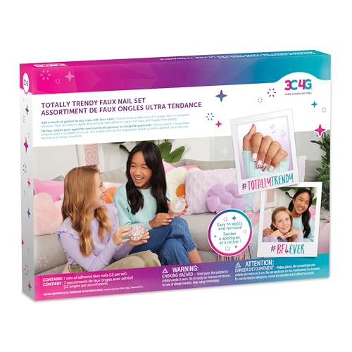 3C4G: Totally Trendy Faux Nail Set - 7 Nail Sets Each w/Unique Colors & Patterns, Adhesive Backs, Three Cheers for Girls, Girls & Tweens Ages 8+