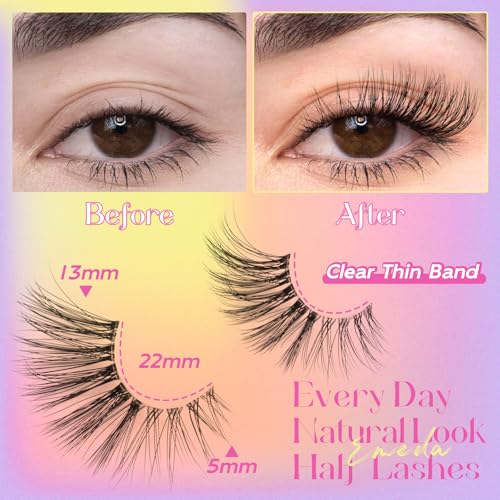 False Eyelashes Half Lashes 4/3 Corner Eyelashes Natural Wispy Lashes D Curl 12mm Reusable Pesta?as Postizas Naturales Cat Eye 10 Pairs Short Fake Lashes Strip Clear Band by EMEDA (01)
