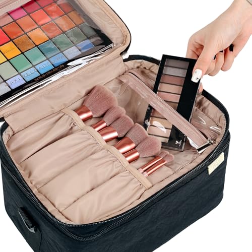 NISHEL Extra Large Double Layer Travel Makeup Bag Women, Cosmetic Organizer Case, Essentials Accessories with Shoulder Strap for Bottles, Brushes, Conditioner, Skin Care Products, Black