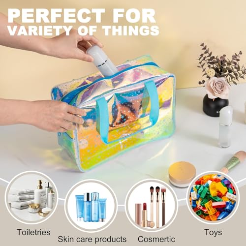 TPU Clear Makeup Bag for Women Waterproof Star Make Up Bag Toiletry Bag Travel Durable Cosmetic Bag Large Cute Tote Bag Organizer Makeup Pouch, Rainbow Blue