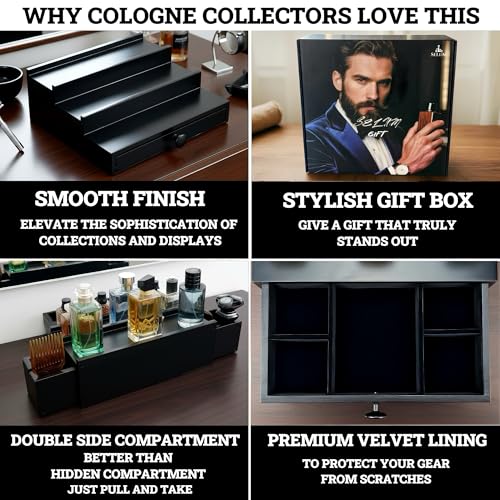 Classic Wooden Cologne Organizer for Men 3 Tier | Black Perfume Holder Shelf for Dresser | High Grade Velvet Lining and Stylish Gift Box | Uncluttered Design Perfume Display Stand