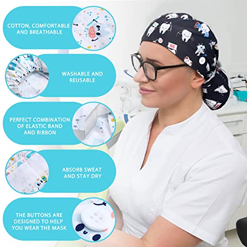 Honoson 6 Pcs Dental Scrub Caps Women Dentist Nursing Hats Adjustable Bouffant Nurse Hats Ponytail Turban Caps