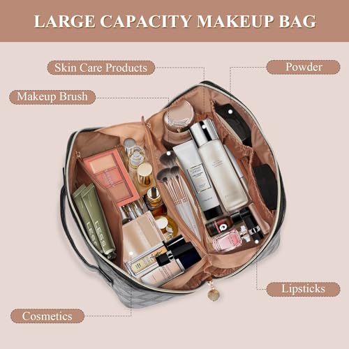 STYLIFING Travel Cosmetic Bag Large Capacity Makeup Bag for Women Portable Makeup Organizer Waterproof Leather Make Up Bag with Compartments and Handle (Black)