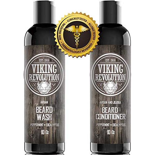 Viking Revolution Beard Shampoo and Conditioner Set - Top-tier Beard Care Kit with Argan & Jojoba Oils for Healthy Beard Growth, No Itching or Irritation, Rich Lather, Eucalyptus Scent (10 oz)