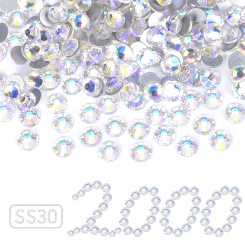 2000PCS Moonlight Rhinestones Bulk, Flat Back Crystal Glass Stone Round Gems,SS30, 6.4-6.6mm