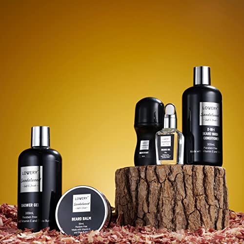 Gifts for Men, Valentines Day Gifts for Him Body And Wash Gift Set Beard Kit and Body Care, Sandalwood Spa Baskets, Bath and Beard Grooming Kit, for Husband, Dad, Beard Balm Growth Oil