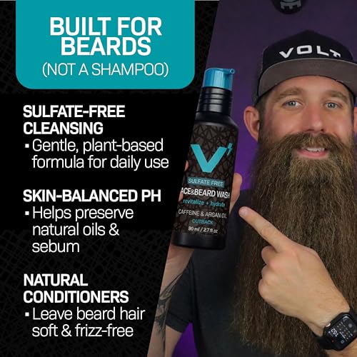 VOLT Face & Beard Wash for Men, Sulfate Free Cleanser with Shea Butter, Argan Oil & Caffeine, Plant Based, Hydrating & Conditioning, Outback Sandalwood Scent, Refillable Aluminum Bottle, 5 Oz Bottle