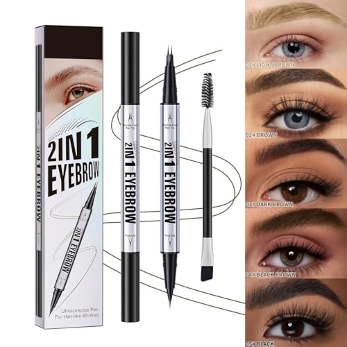 Eyebrow Pencil Curved Eyebrow Pen, Microblading Eyebrow Pen 2-in-1 Dual-Ended with 2-Fork-Tip & Precise Brush-Tip with Eyebrow Brush, Waterproof Natural Brow for Women (03#DARK BROWN)