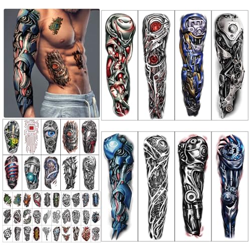 48 Sheets Mechanical Style Full Arm Sleeve Temporary Tattoos for Men Kids, Fake Tattoos Body Shoulder Arm Hand Stickers Waterproof