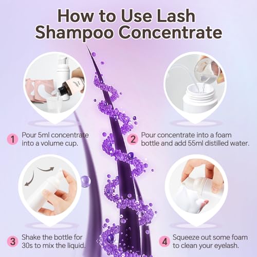 Lash Concentrate Shampoo 100ml for Lash Extension, Lash Shampoo Kit for Eyelash Cleansing, Oil-Free Eyelash Extension Cleanser Concentrate, Lash Cleaning Kit with Brush Bottle