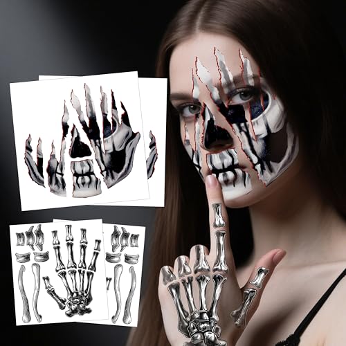 4 Sheets Halloween Tattoos, Horror Halloween Face Temporary Tattoos, Waterproof Fake Skeleton Zombie Face Tattoos Stickers Make Up Accessories for Carnival Makeup Halloween Masquerade