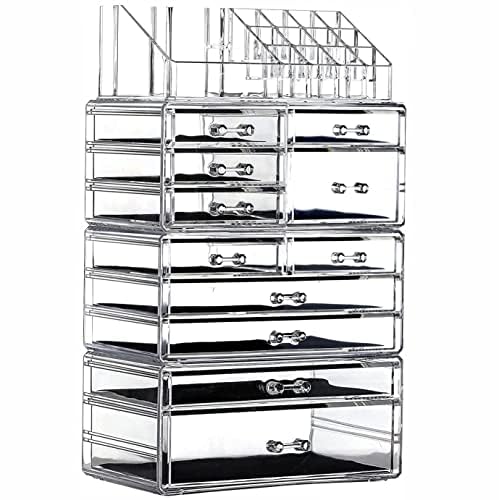 Cq acrylic 4 Pack Clear Makeup Organizer Countertop,Stackable 11 Drawers Skincare Organizer,Cute Skin Care Organizer for Vanity Hair Clip,Jewelry,Beauty Product Desk and Make Up Organizers for Vanity