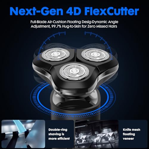 Black Electric Razor for Men with 3-Blade Rotary System, Touch Switch, LED Display, Travel Lock